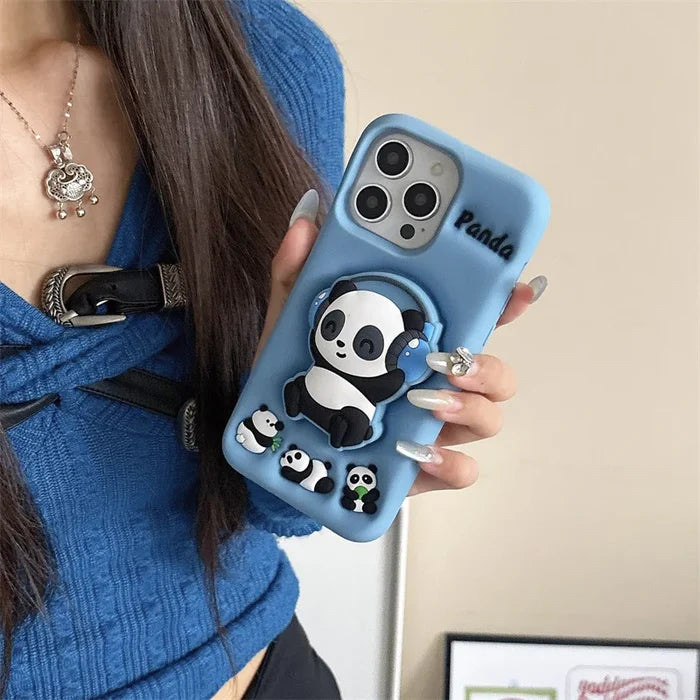 Cartoon Headset Panda Soft Silicone Telescopic Bracket Phone Case For iPhone PhoneShells