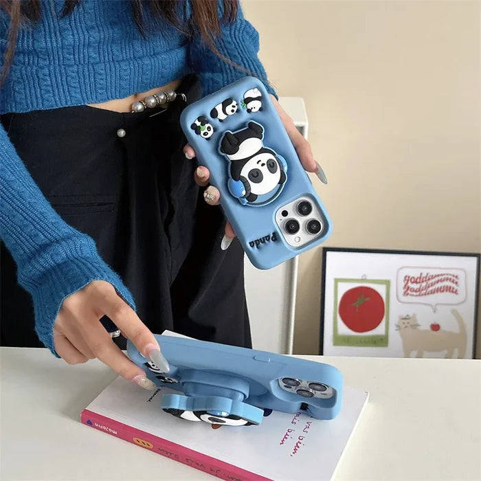Cartoon Headset Panda Soft Silicone Telescopic Bracket Phone Case For iPhone PhoneShells