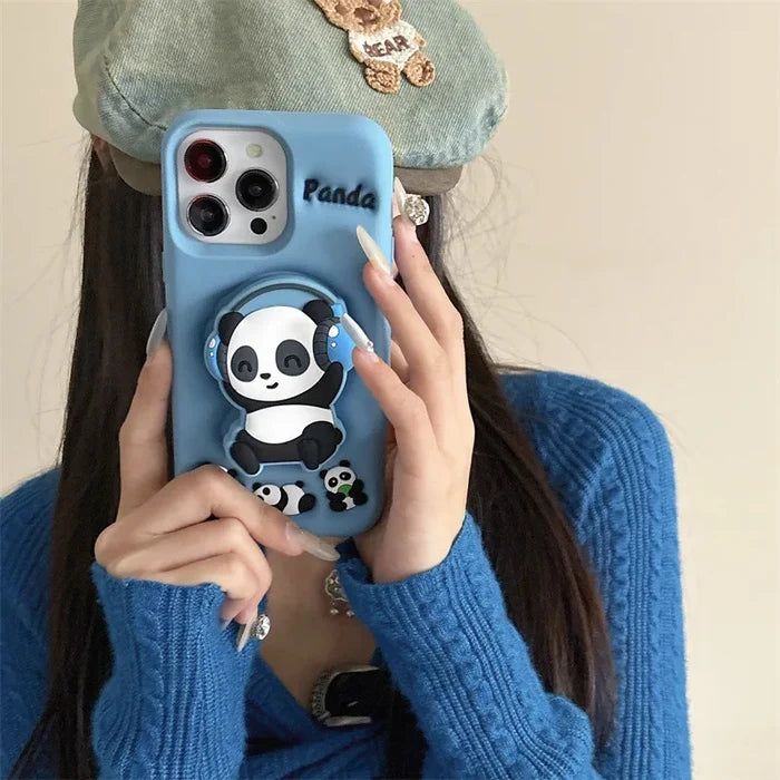 Cartoon Headset Panda Soft Silicone Telescopic Bracket Phone Case For iPhone PhoneShells