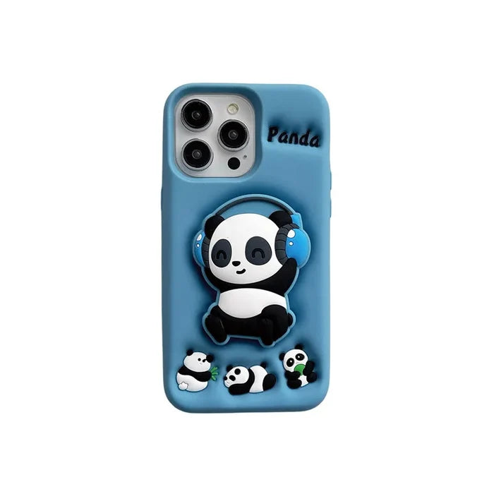 Cartoon Headset Panda Soft Silicone Telescopic Bracket Phone Case For iPhone PhoneShells