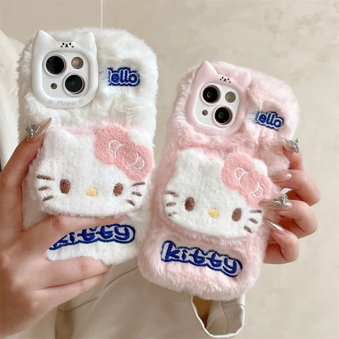 Cartoon Hello Kitty Plush Cat Ears Warm Winter Furry Fur Cover Phone Case PhoneShells