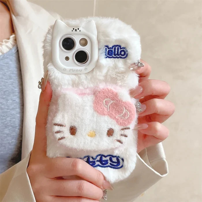 Cartoon Hello Kitty Plush Cat Ears Warm Winter Furry Fur Cover Phone Case PhoneShells