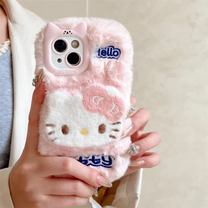 Cartoon Hello Kitty Plush Cat Ears Warm Winter Furry Fur Cover Phone Case PhoneShells