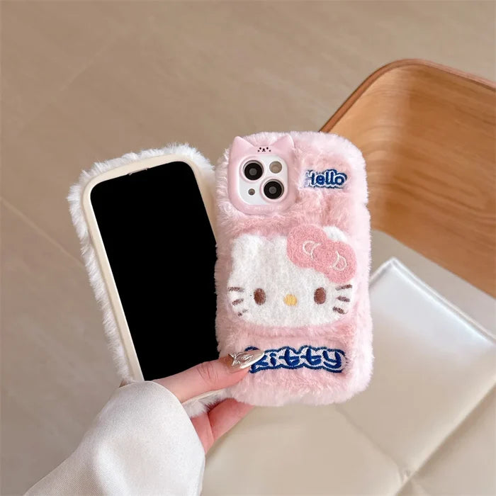 Cartoon Hello Kitty Plush Cat Ears Warm Winter Furry Fur Cover Phone Case PhoneShells