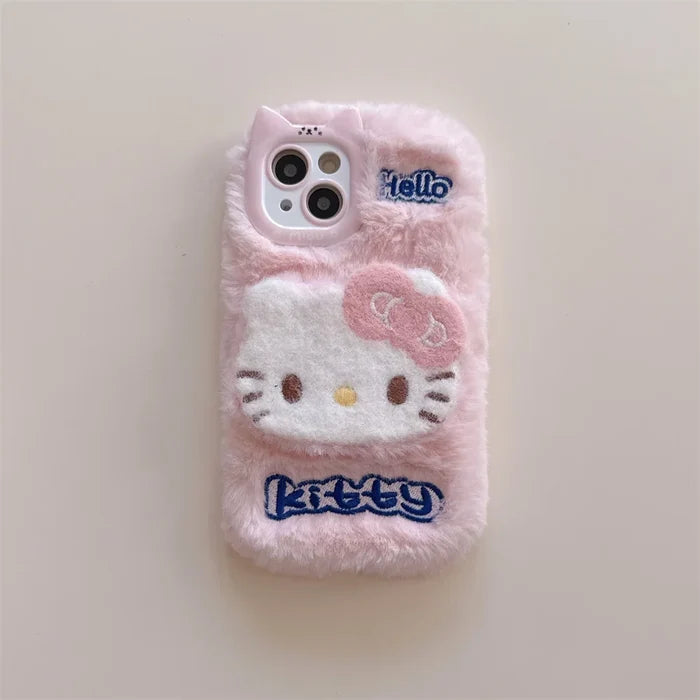 Cartoon Hello Kitty Plush Cat Ears Warm Winter Furry Fur Cover Phone Case PhoneShells
