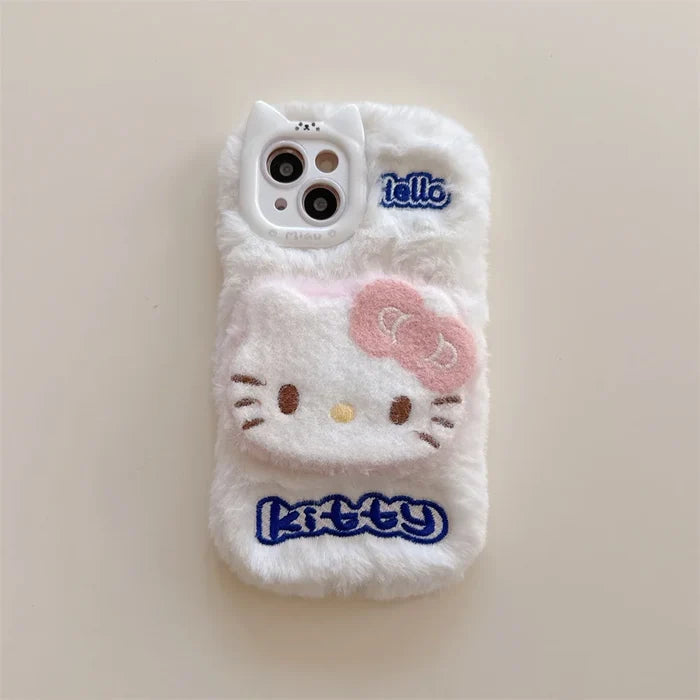 Cartoon Hello Kitty Plush Cat Ears Warm Winter Furry Fur Cover Phone Case PhoneShells