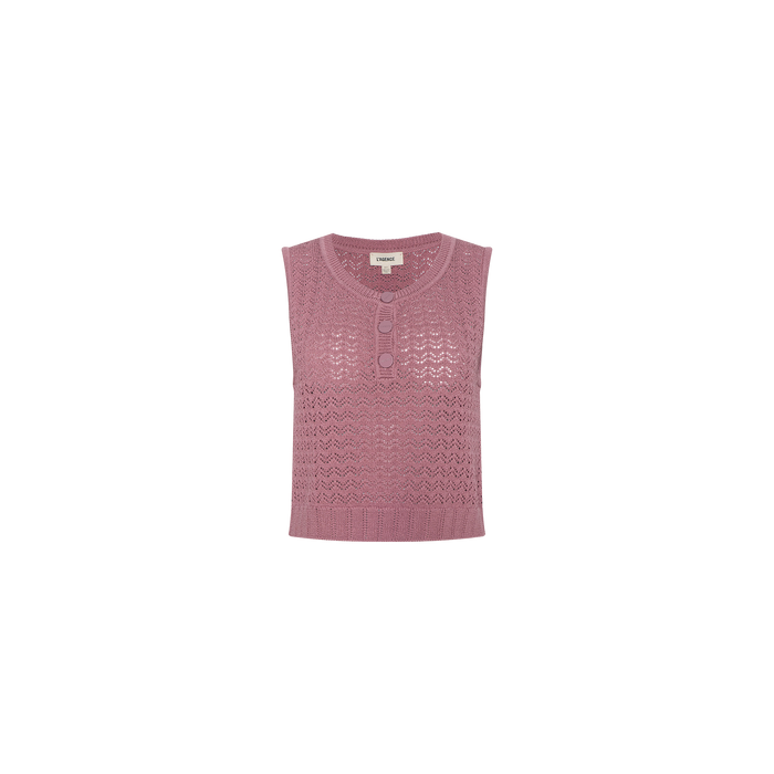 The Carven Pointelle Knit Tank is a sleeveless, light purple top with a pointelle knit design, featuring a round neckline and two front buttons, displayed against a plain white background.