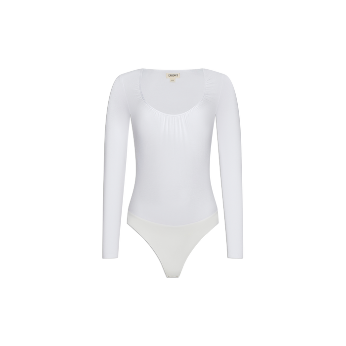 The Cassandra Ruched Bodysuit is a plain white long-sleeve top featuring a scoop neckline and fitted silhouette, shown on a white background. Perfect as a versatile base layer.
