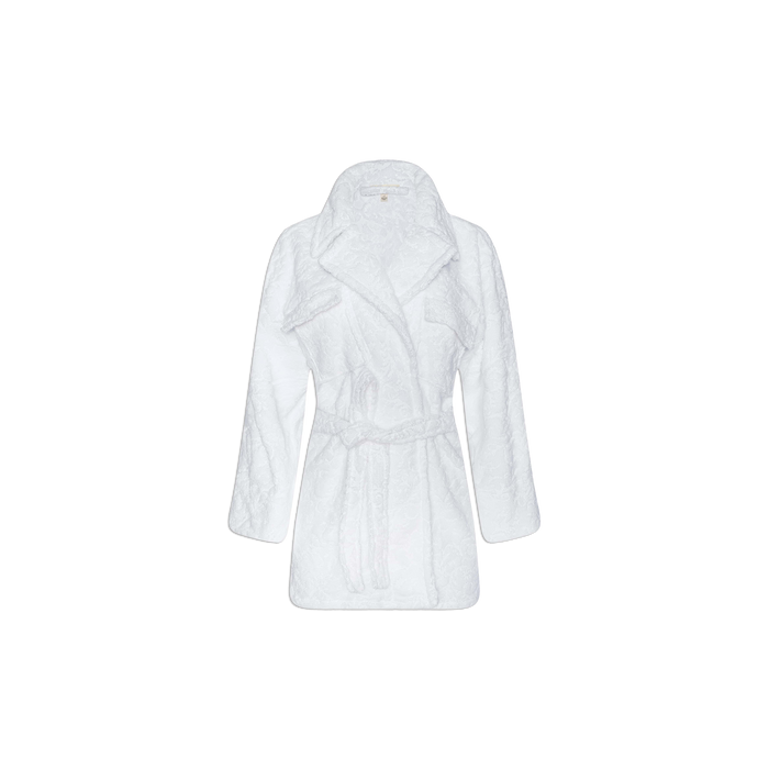The Caterina Cover-Up Robe, a white plush cotton kimono with long sleeves, a shawl collar, and a matching waist tie, is displayed on a plain white background.