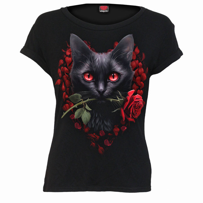CAT'S LOVE - Boatneck Cap Sleeve Top Black Spiral USA