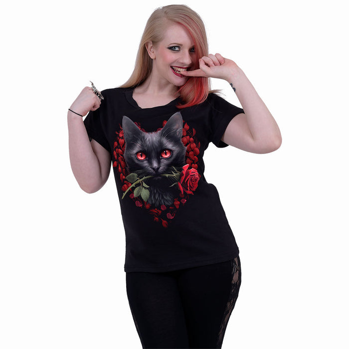 CAT'S LOVE - Boatneck Cap Sleeve Top Black Spiral USA