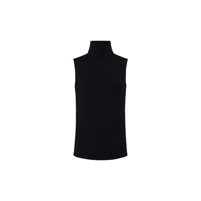 Ceci Sleeveless Turtleneck in slim-fit black microfiber, artfully showcased against a plain white background.