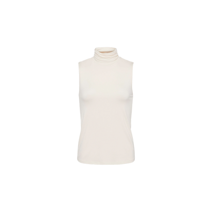 Ceci Sleeveless Turtleneck in white, featuring a slim fit and high neckline. Displayed on a plain white background, this simple and fitted top is sleeveless with no visible patterns or embellishments.
