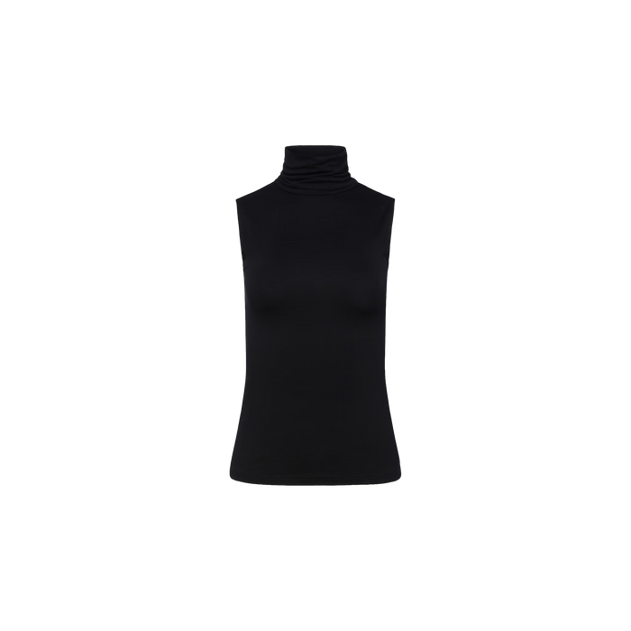 Ceci Sleeveless Turtleneck shown against a plain white background. This slim fit black top showcases a high neckline and a minimalist, fitted silhouette without any visible details or patterns.