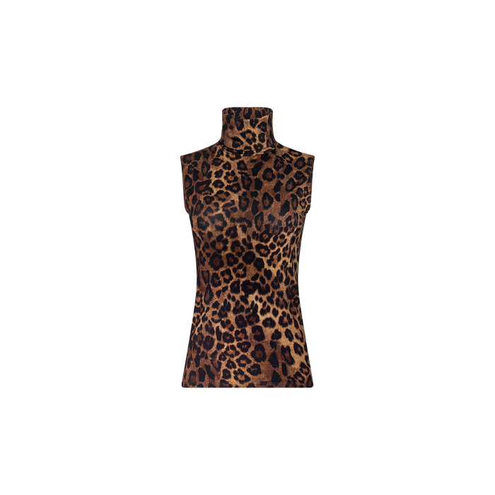 The Ceci Sleeveless Turtleneck is a slim fit, sleeveless top with a brown and black leopard print pattern, shown against a plain white background.
