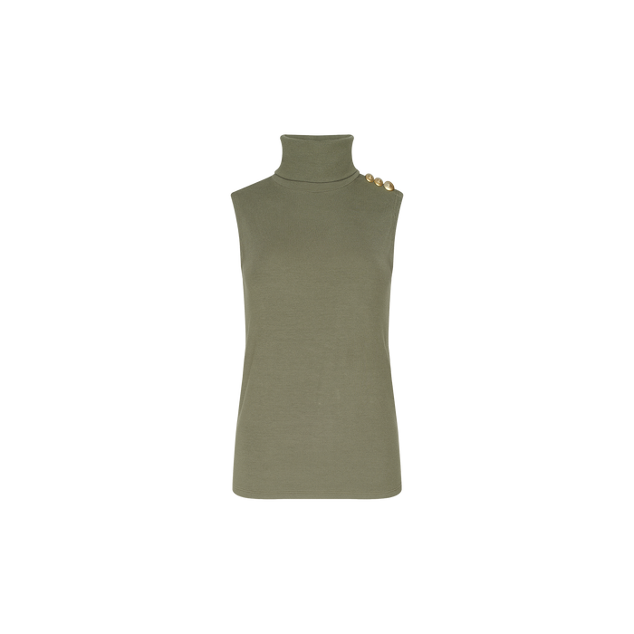 The Ceci Sleeveless Turtleneck is an ash olive green ribbed knit top featuring a fitted silhouette and three gold buttons on the left shoulder, shown against a plain white background.