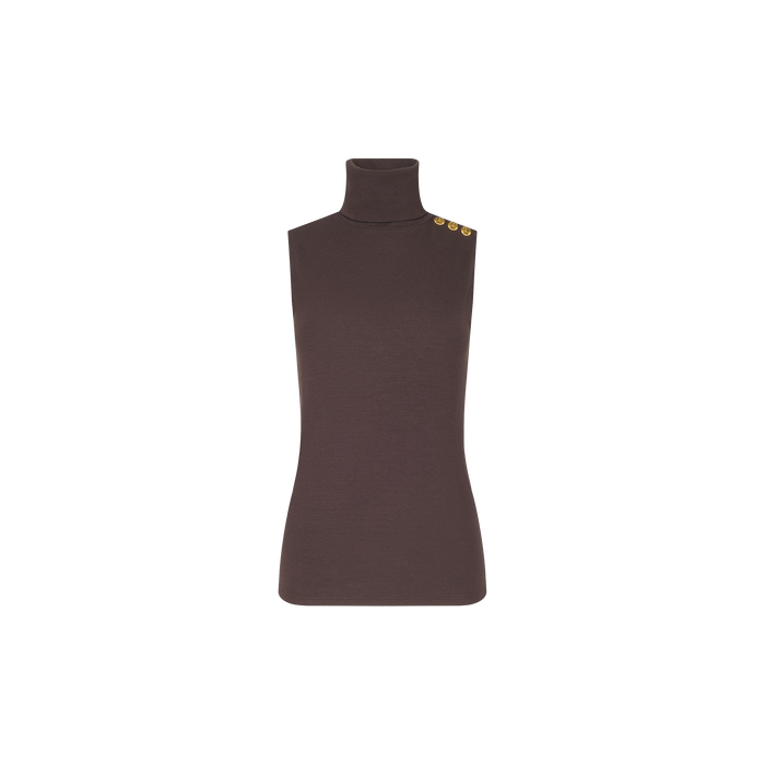 The Ceci Sleeveless Turtleneck is a brown, slim-fit top featuring a turtleneck design, three gold buttons on one shoulder, and crafted from stretch rib knit. It is shown against a plain white background.