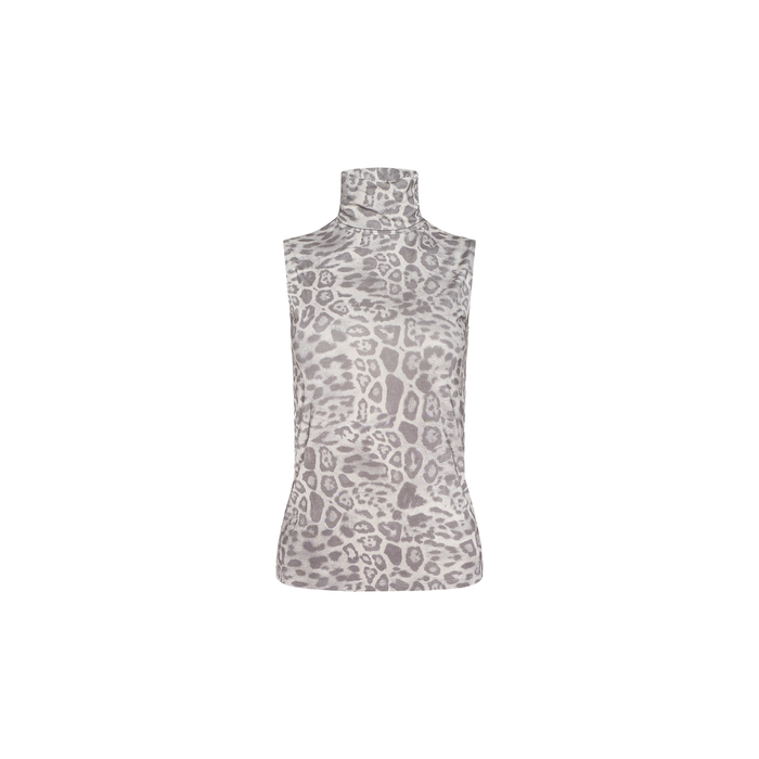 The Ceci Sleeveless Turtleneck is a slim fit top featuring a high neckline and a grey leopard print pattern, displayed on a plain white background.