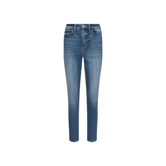 Celestia Slim-Leg Jean in stretch denim features a high-rise silhouette, front pockets, and a slightly faded blue wash, shown against a plain white background.