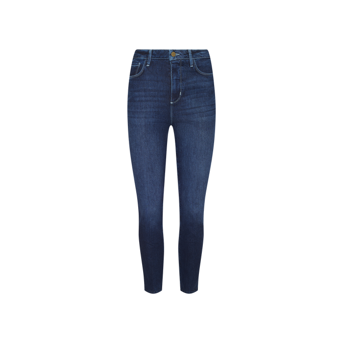 Celestia Slim-Leg Jean in a dark indigo wash, designed with a high-waisted fit and crafted from classic stretch denim, featuring front and back pockets along with a button and zipper closure, displayed on a plain white background.