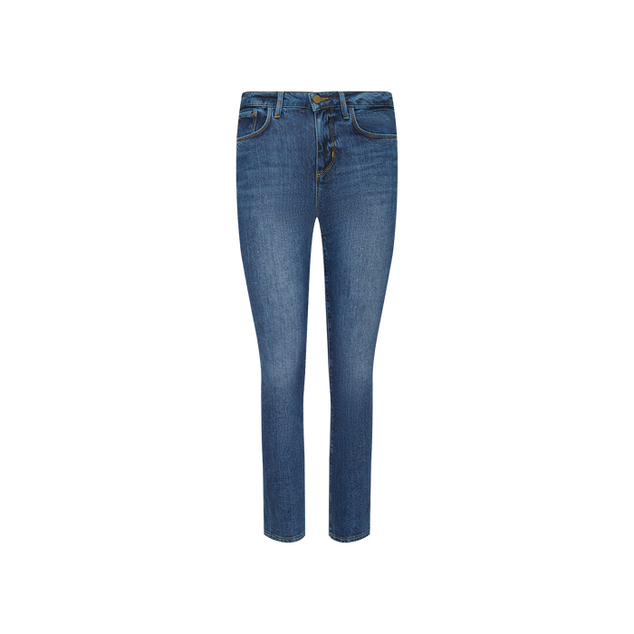 The Celestia Slim-Leg Jean is a classic blue ultra high rise skinny jean featuring front and back pockets, a button closure, and belt loops, crafted from stretch denim and displayed on a plain white background.