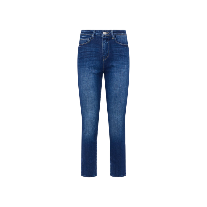 The Celestia Slim-Leg Jean features a high rise, classic five-pocket design, straight legs, and a button and zipper closure, displayed against a plain white background.