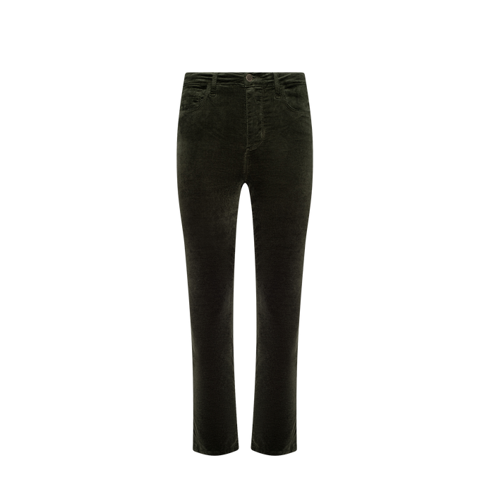 Celestia Velvet Slim-Leg Jean in dark green velvet, featuring a straight-leg cut, front zipper and button closure, along with side and back pockets, displayed against a plain white background.