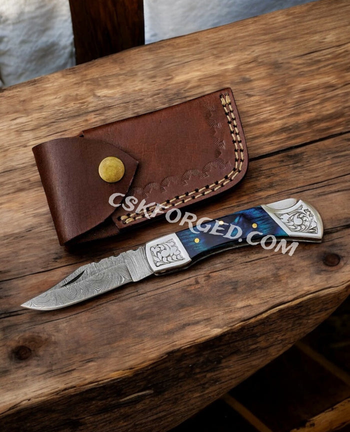 CelestialSnap Damascus - 7.5" Back Lock Pocket Knife with Leather Sheath cskforged