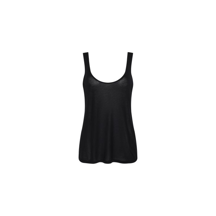 Celia Scoopneck Tank in black, featuring a sleeveless design and crafted from featherweight jersey with a scoop neckline. Displayed on a plain white background, the fabric appears lightweight and slightly sheer.