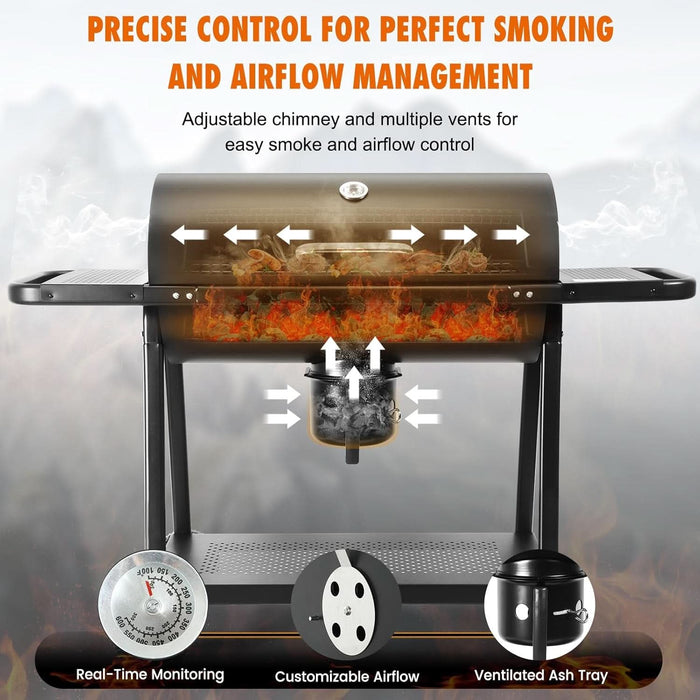 Charcoal Barrel Grill Featuring Extra Wide Side Tables