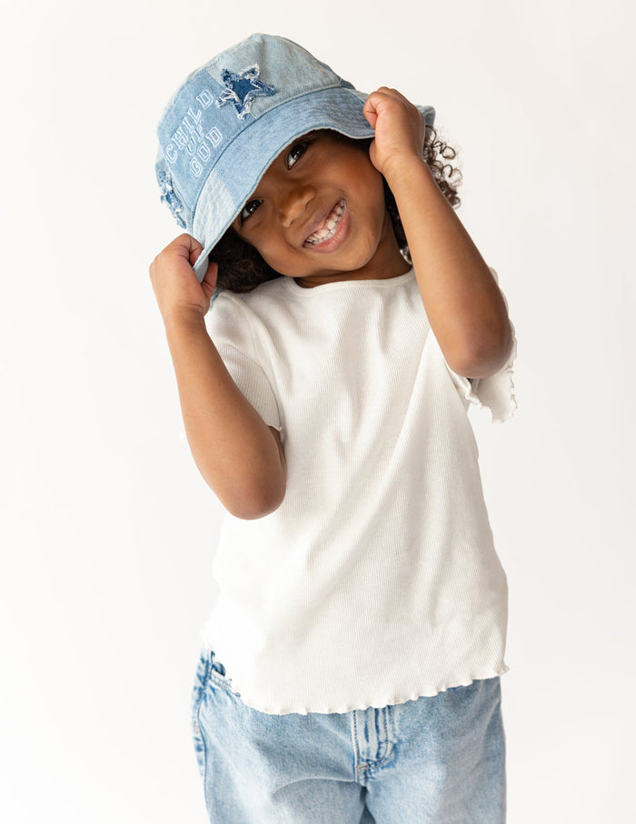 Child of God Denim Kids Bucket Hat Elevated Faith