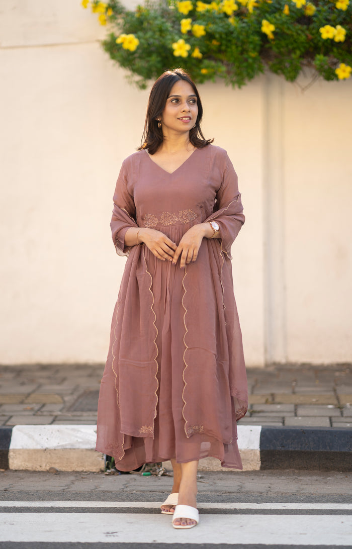 Chocolate shaded viscose organza A-line kurti  with zardosi handworked yoke and sleeve with santoon lining with handworked scallop dupatta  MBS-594 **Ready to dispatch**