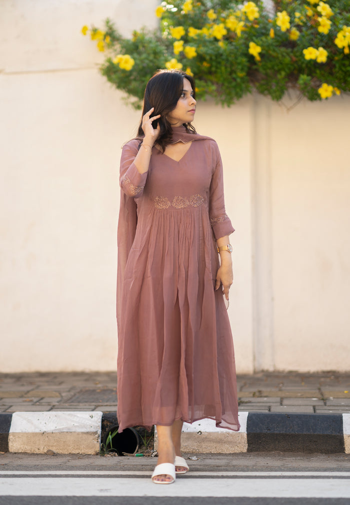 Chocolate shaded viscose organza A-line kurti  with zardosi handworked yoke and sleeve with santoon lining with handworked scallop dupatta  MBS-594 **Ready to dispatch**