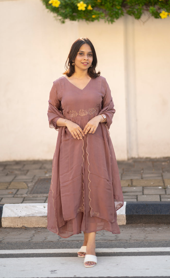 Chocolate shaded viscose organza A-line kurti  with zardosi handworked yoke and sleeve with santoon lining with handworked scallop dupatta  MBS-594 **Ready to dispatch**