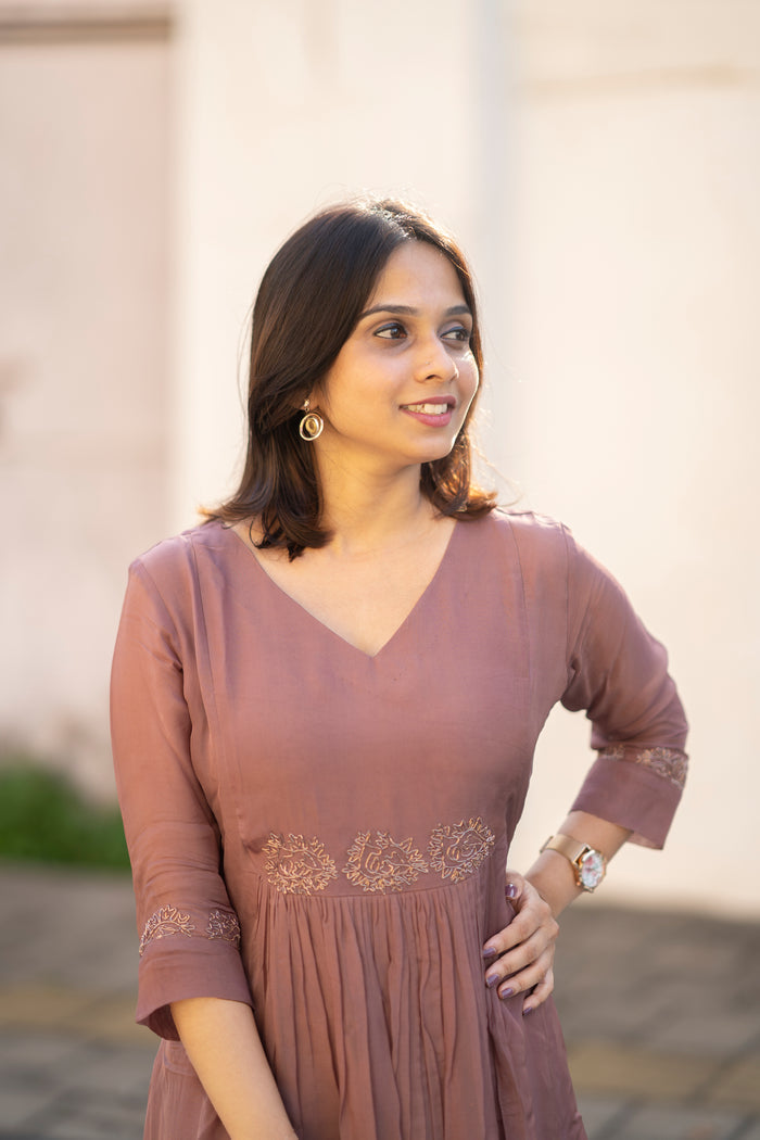 Chocolate shaded viscose organza A-line kurti  with zardosi handworked yoke and sleeve with santoon lining with handworked scallop dupatta  MBS-594 **Ready to dispatch**