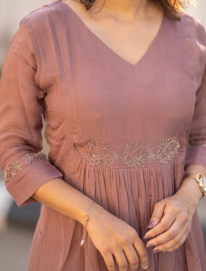 Chocolate shaded viscose organza A-line kurti  with zardosi handworked yoke and sleeve with santoon lining with handworked scallop dupatta  MBS-594 **Ready to dispatch**