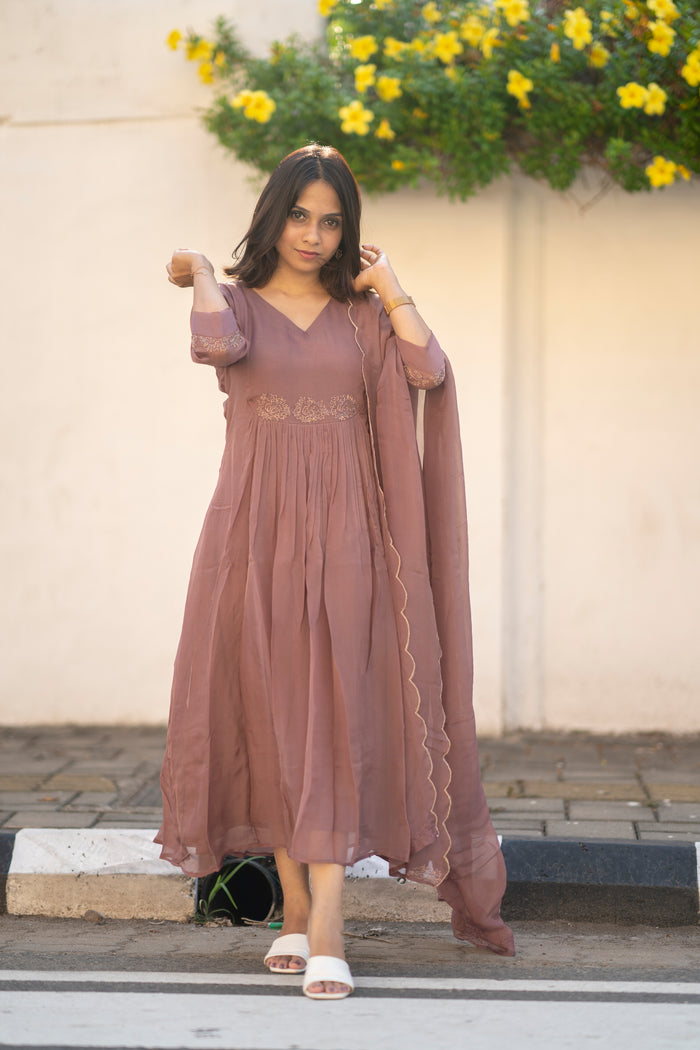 Chocolate shaded viscose organza A-line kurti  with zardosi handworked yoke and sleeve with santoon lining with handworked scallop dupatta  MBS-594 **Ready to dispatch**