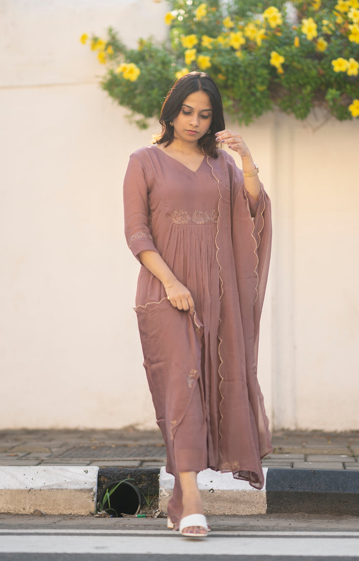 Chocolate shaded viscose organza A-line kurti  with zardosi handworked yoke and sleeve with santoon lining with handworked scallop dupatta  MBS-594 **Ready to dispatch**