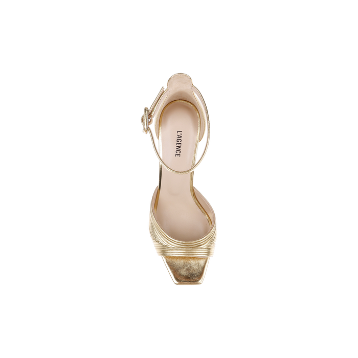 A single Cici Stiletto Sandal in gold, shown from above, features an ankle strap, leather pleating, a square toe, and LAGENCE branding on the insole.