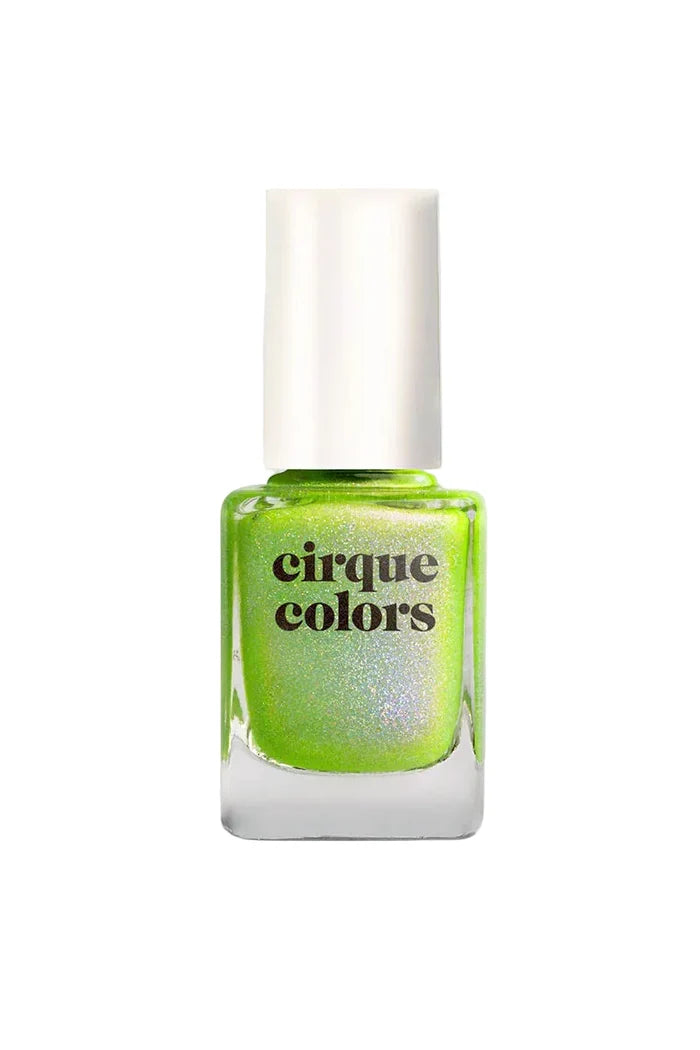 Green nail polish bottle with 'cirque colors' branding on a white background