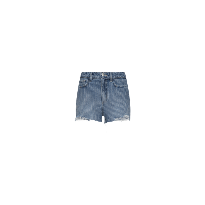 Clark Distressed Jean Short features blue denim in a high rise silhouette with vertical pinstripes, front pockets, and distressed hems. Made from 100 cotton denim and shown against a plain white background.