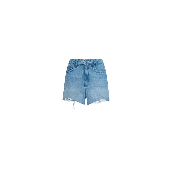 Clark Distressed Jean Short in light blue features a high rise, frayed hem, distressed detailing, front pockets, a waistband with belt loops, and button closure, shown on a plain white background.