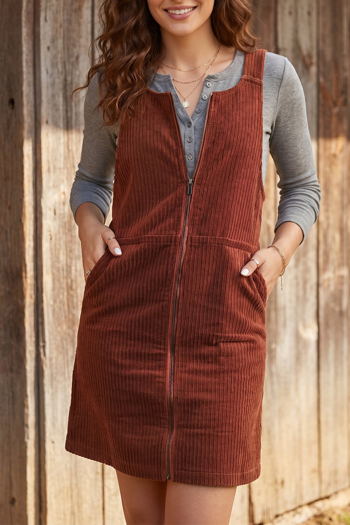 Clay Ribbed Corduroy Zip-Up Sleeveless Pocket Sheath Dress Shewin