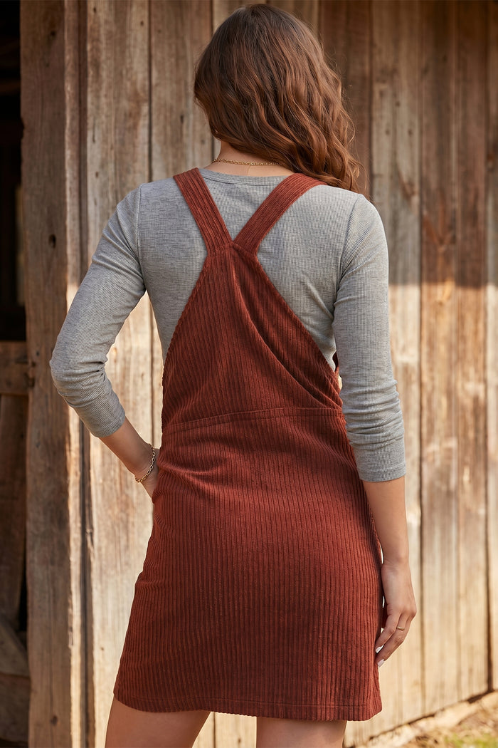Clay Ribbed Corduroy Zip-Up Sleeveless Pocket Sheath Dress Shewin