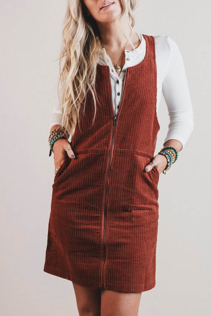 Clay Ribbed Corduroy Zip-Up Sleeveless Pocket Sheath Dress Shewin