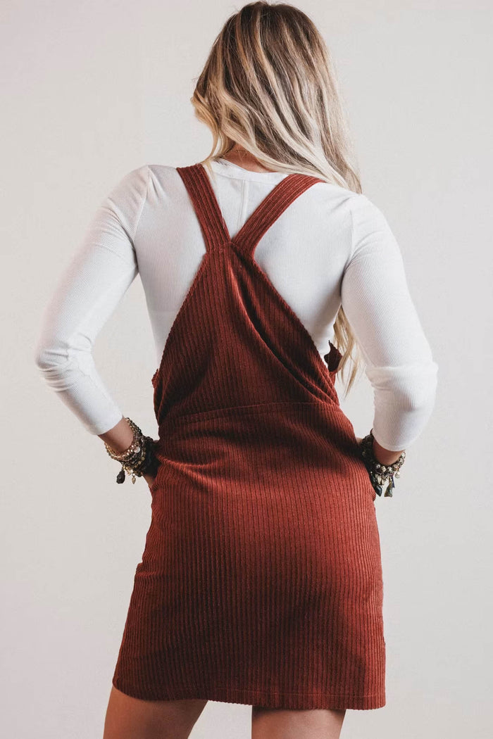 Clay Ribbed Corduroy Zip-Up Sleeveless Pocket Sheath Dress Shewin