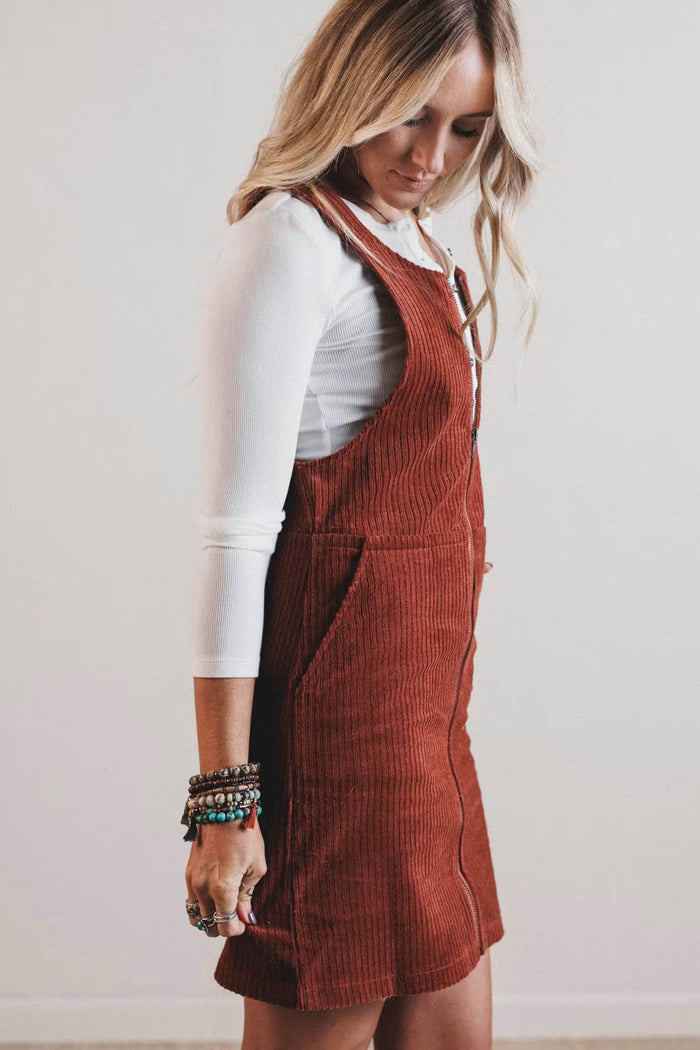 Clay Ribbed Corduroy Zip-Up Sleeveless Pocket Sheath Dress Shewin