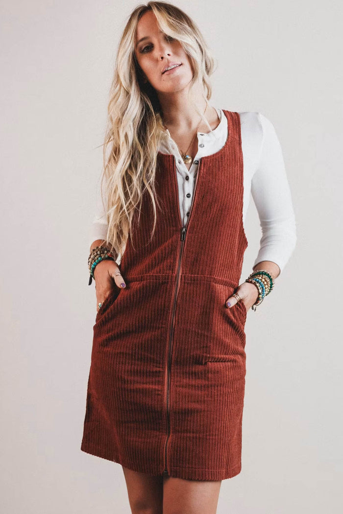 Clay Ribbed Corduroy Zip-Up Sleeveless Pocket Sheath Dress Shewin