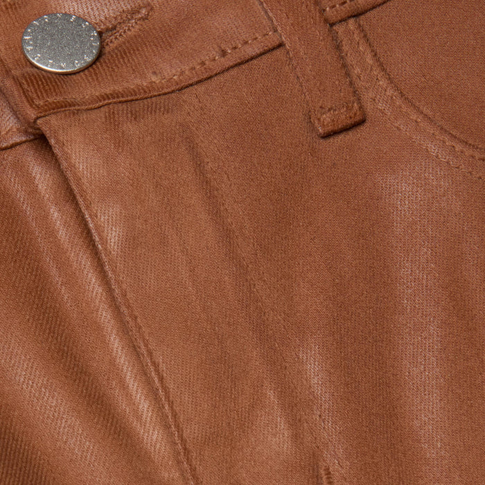 Close-up of the Clayton Coated Wide-Leg Jean in brown, highlighting the top corner with a front pocket, belt loop, and silver button.