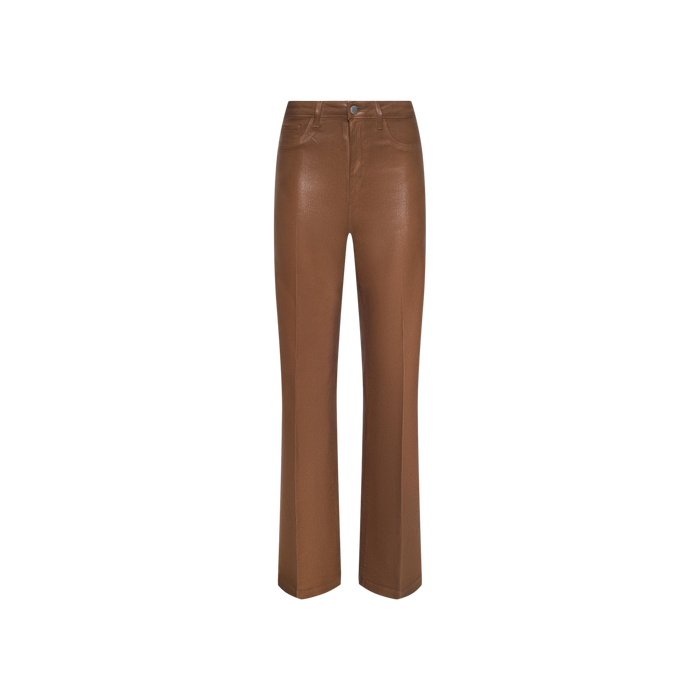 Clayton Coated Wide-Leg Jean featuring a brown, high-waisted fit with a contoured waistband and wide-leg silhouette, crafted from a shiny leather-like material and displayed isolated on a plain white background.